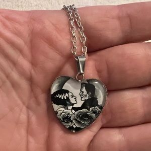 Frankenstein monster and bride heart necklace